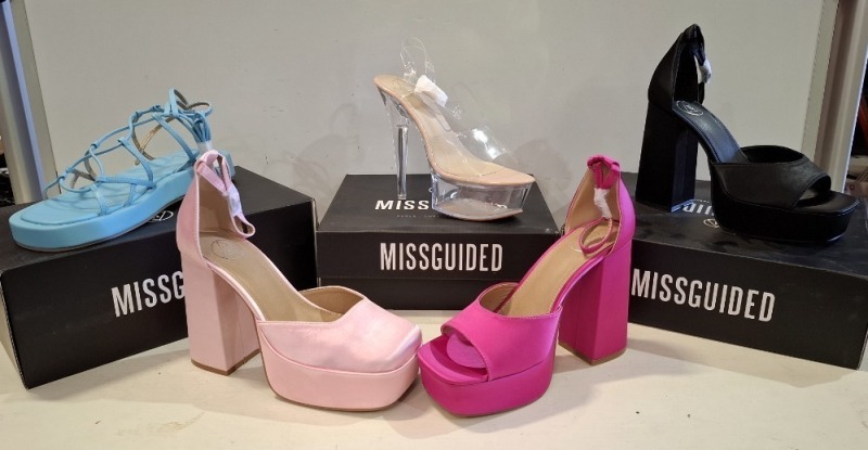 30 X BRAND NEW MISSGUIDED SHOE LOT CONTAINING, SQUARE TOE PATENT HEELED SANDAL IN BLACK, STRAPPY RING DETAIL HEELED SANDAL IN BLUE, CHUNKY PLATFORM GLADIATOR SANDAL IN BLUE ALL IN SIZE 7