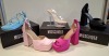 30 X BRAND NEW MISSGUIDED SHOE LOT CONTAINING, SQUARE TOE PATENT HEELED SANDAL IN BLACK, STRAPPY RING DETAIL HEELED SANDAL IN BLUE, CHUNKY PLATFORM GLADIATOR SANDAL IN BLUE ALL IN SIZE 7