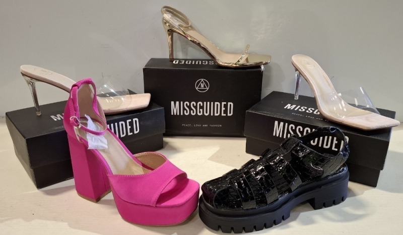 30 X BRAND NEW MISSGUIDED SHOE LOT CONTAINING, EXTREME PLATFORM SATIN HEELED SHOE IN PINK, MID CLEAR HEEL BLOCK HEEL IN NUDE, SQUARE TOE PERSPEX MID HEEL MULE SANDALS IN CLEAR ALL IN SIZE 6