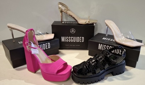 30 X BRAND NEW MISSGUIDED SHOE LOT CONTAINING, EXTREME PLATFORM SATIN HEELED SHOE IN PINK, MID CLEAR HEEL BLOCK HEEL IN NUDE, SQUARE TOE PERSPEX MID HEEL MULE SANDALS IN CLEAR ALL IN SIZE 6