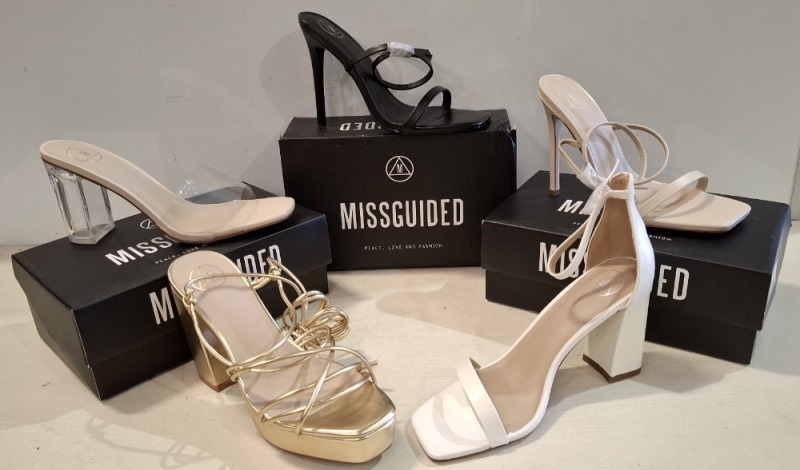 30 X BRAND NEW MISSGUIDED SHOE LOT CONTAINING, BASIC BARELY THERE HEEL IN BLACK, HIGH HEEL BLOCK BARELY THERE SANDALS IN WHITE, SQUARE TOE PERSPEX MID HEEL MULE SANDALS IN CLEAR ALL IN SIZE, 6