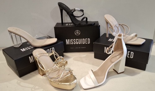 30 X BRAND NEW MISSGUIDED SHOE LOT CONTAINING, BASIC BARELY THERE HEEL IN BLACK, HIGH HEEL BLOCK BARELY THERE SANDALS IN WHITE, SQUARE TOE PERSPEX MID HEEL MULE SANDALS IN CLEAR ALL IN SIZE, 6