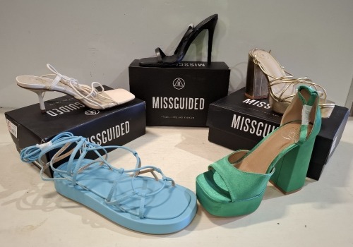30 X BRAND NEW MISSGUIDED SHOE LOT CONTAINING, PLATFORM STRAPPY HEELED SANDALS IN GOLD, CHUNKY PLATFORM GLADIATOR SANDAL IN SAND, EXTREME PLATFORM SATIN HEELED SANDAL IN DK GREEN ALL IN SIZE 6