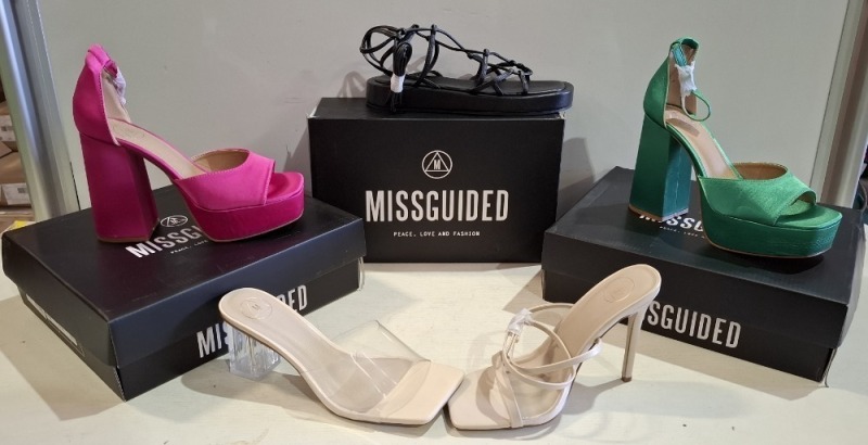 30 X BRAND NEW MISSGUIDED SHOE LOT CONTAINING, CHUNKY PLATFORM GLADIATOR SANDAL IN BLACK, CHUNKY CROC GLADIATOR FLAT SHOE IN BLACK, WF BARELY THERE SQUARE TOE HIGH HEELS IN NUDE ALL IN SIZE 6
