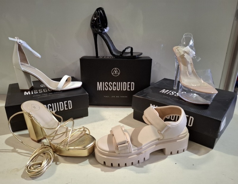 30 X BRAND NEW MISSGUIDED SHOE LOT CONTAINING, CLEAR PLATFORM STILLETO HEELED SANDAL IN CLEAR, SQUARE TOE PATENT HEELED SANDAL IN BLACK AND CLEAR ALL IN SIZE 6
