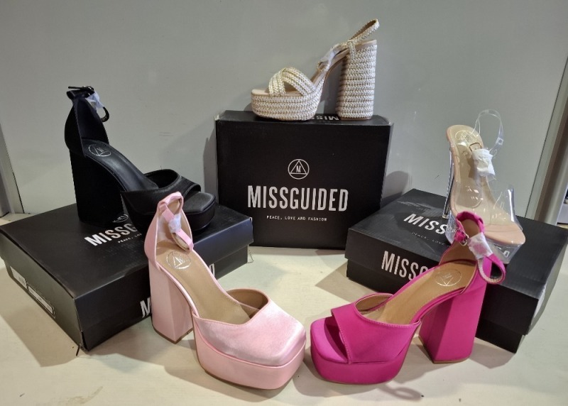 30 X BRAND NEW MISSGUIDED SHOE LOT CONTAINING, EXTREME PLATFORM RAFFIA HEELED SANDAL IN CREAM, CHUNKY CROC GLADIATOR FLAT SHOE IN BLACK, CLEAR PLATFORM STILETTO HEELED SANDALS IN CLEAR ALL IN SIZE 5