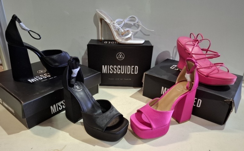 30 X BRAND NEW MISSGUIDED SHOE LOT CONTAINING, STRAPPY RING DETAIL HEELED SANDAL IN WHITE, EXTREME PLATFORM RAFFIA HEELED SANDAL IN CREAM, FAUX LEATHER PLATFORM STRAPPY SANDAL IN PINK ALL IN SIZE 5