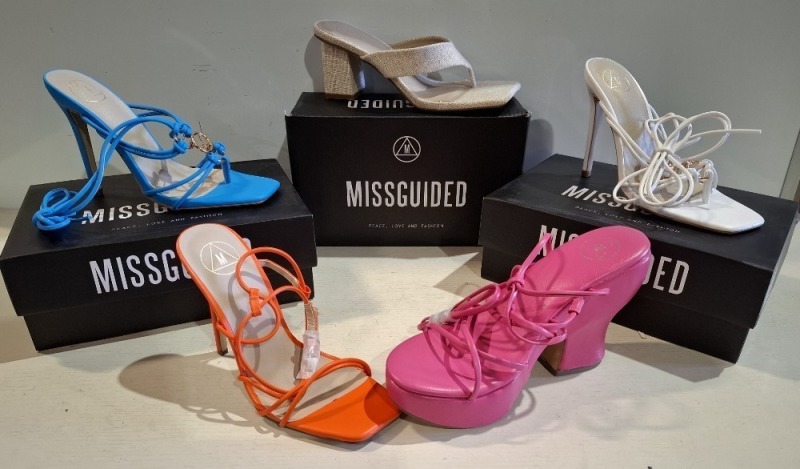 30 X BRAND NEW MISSGUIDED SHOE LOT CONTAINING, STRAPPY RING DETAIL HEELED SANDAL IN WHITE, FAUX LEATHER PLATFORM STRAPPY SANDAL IN PINK, NATURAL FLIP FLOP MULE HEELED SANDAL IN BEIGE ALL IN SIZE 5