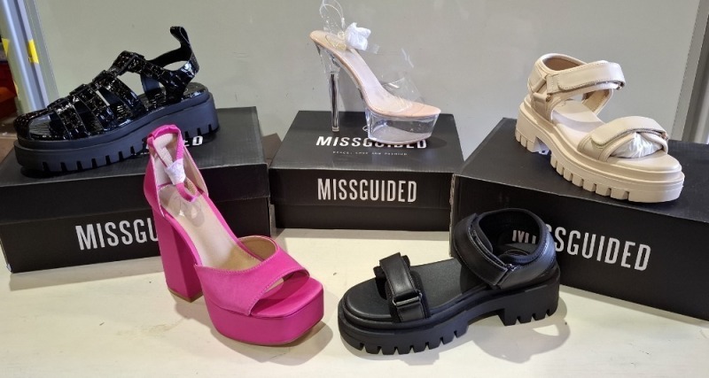 30 X BRAND NEW MISSGUIDED SHOE LOT CONTAINING, VELCRO STRAP GRANDAD SANDAL IN SAND, CLEAR PLATFORM STILLETO HEELED SANDAL IN CLEAR, CHUNKY CROC GLADIATOR FLAT SHOE IN BLACK ALL IN SIZE 4