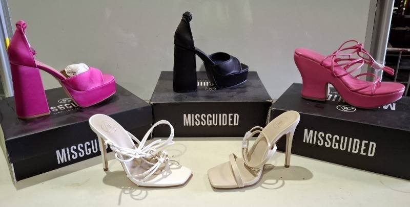 30 X BRAND NEW MISSGUIDED SHOE LOT CONTAINING, EXTREME PLATFORM SATIN HEELED SANDALS IN HOT PINK, WF BARELY THERE SQUARE TOE HIGH HEELS IN NUDE, FAUX LEATHER PLATFORM STRAPPY SANDAL IN PINK ALL IN SIZE 4