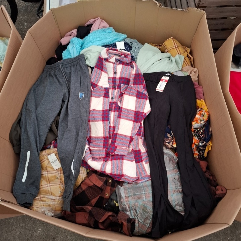 400 X BRAND NEW MIXED CLOTHING LOT CONTAINING, BIG DART FLARED LEGGINGS IN MINT GREEN IN SIZE 8UK, CHRISTY LONG SLEEVED NETTED SHIRT IN BLUE IN ONE SIZE, SRT WEAR JOGGING BOTTOMS IN CHARCOAL GREY IN ONE SIZE, ETC, (IN ONE PALLET BOX)