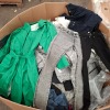 400 X BRAND NEW MIXED CLOTHING LOT CONTAINING, CRIMINAL DAMAGE JEANS IN WHITE IN SIZE 34, SPASE BUTTONED DENIM JACKET IN SIZE 16, ACTUEL TRENCH COAT IN GREEN IN SIZE LARGE, ETC, (ON ONE PALLET BOX)