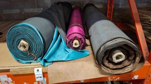 3 X ROLES OF FABRIC LOT CONTAING 1 X FAUX LEATHER IN BROWN 50M , 1 X PLUSH BLUE FABRIC 42M , 1 X STAG UPHOLSTRY IN PINK AND 36 X BRAND NEW AFRICAN SWEEPING BRUSHES