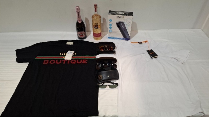 8 X MIXED LOT CONTAINING WAHL PROFESSIONAL CORD / CORDLESS CLIPPER , J.J WHITLEY RASPBERRY VODKA IN SIZE 1L , MARTINI ROSE MEDIUM DRY IN SIZE 750ML , BOSS T SHIRT IN WHITE IN SIZE X LARGE , GUCCI T SHIRT IN BLACK IN SIZE LARGE , 2 TOM FORD SUNGLASSES AND 