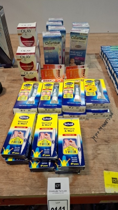 29 X MIXED LOT CONTAINING OLAY REGENERIST ACTIVE FIRMING DAY CREAM SPF 30 , CLEARBLUE FIND YOUR 2 PEAK DAYS OVULATION TEST DIGITAL , OTEX EXPRESS EAR DROPS , SCHOLL FUNGAL NAIL TREATMENT ,SCHOLL VERRUCA &WART TREATMENT
