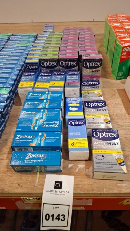 60 X MIXED LOT CONTAINING OPTREX ACTI MIST FOR DRY EYES AND TIRED EYES AND ITCHY EYES 10ML , OPTREX SOOTHING EYE DROPS FOR ITCHY EYES 10ML , ZOVIRAX COLD SORE CREAM 2G