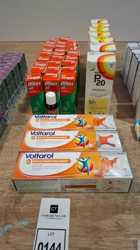 36 X MIXED LOT CONTAINING OLBAS OILL INHALANT DECONGESTANT 30ML , VOLTAROL BACK & MUSCLE PAIN RELIEF 100G EXP 07/2027 , RIEMANN P20 ORIGINAL SUNSCREEN 200ML