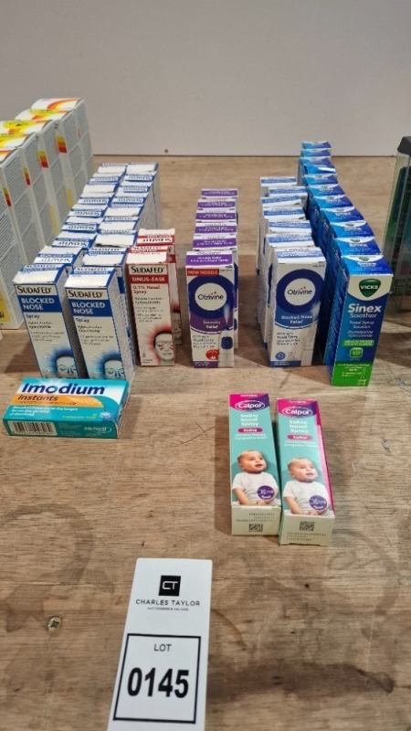 47 X MIXED LOT CONTAINING SUDAFED SPRAY FOR SINUS-EASE AND BLOCKED NOSE 15ML 09/2027 , OTRIVINE SINUSITIS RELIED AND BLOCKED NOSE RELIEF EXP 4/2027 , VICKS SOOTHER NASAL SPRAY SOLUTION EXP 8/2027 , CALPOL SALINE NASAL SPRAY SALINE 15ML EXP 2027 , IMODIUM 
