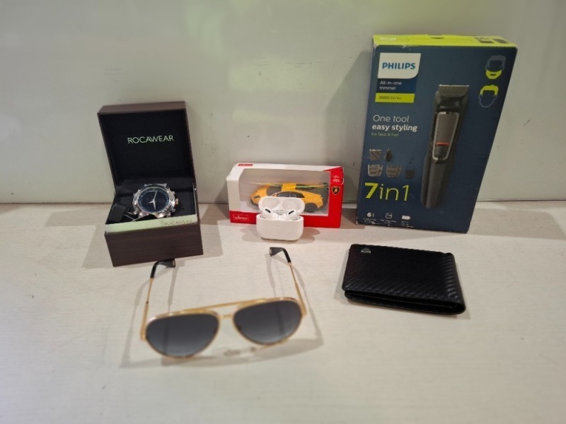 6 X MIXED LOT CONTAINING ROCWEAR WATCH , APPLE AIRPODS PRO , MARC JACOBS SUNGLASSES , PHILIPS ALL IN ONE TRIMMER FOR FACE AND HAIR , RASTAR CAR , MENS WALLET IN BLACK