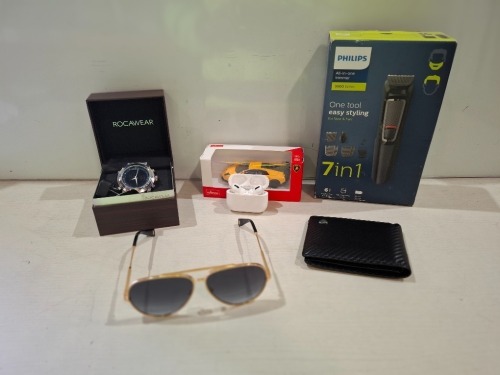 6 X MIXED LOT CONTAINING ROCWEAR WATCH , APPLE AIRPODS PRO , MARC JACOBS SUNGLASSES , PHILIPS ALL IN ONE TRIMMER FOR FACE AND HAIR , RASTAR CAR , MENS WALLET IN BLACK