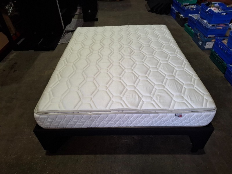 KING SIZE BED WITH EPEDA ALL SEASON MATTRESS WITH SOLID BED FRAME WITH METAL / WOODEN SLATS IN SIZE 2M X 160CM X 70 CM (PLEASE NOTE COME FROM X HOTEL ) BED FRAMES ARE RELATIVELY EASY TO BREAK DOWN AND RE-ASSEMBLE VIEWING IS RECOMMENDED