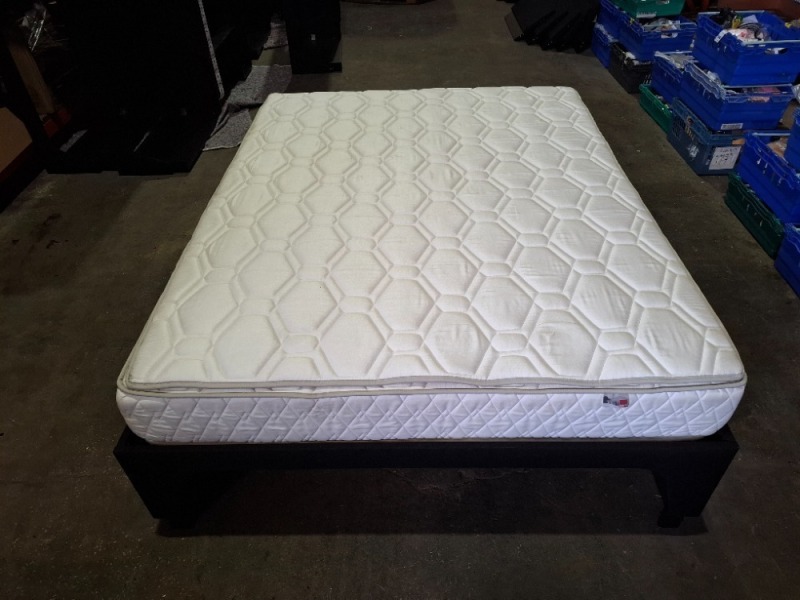 KING SIZE BED WITH EPEDA ALL SEASON MATTRESS WITH SOLID BED FRAME WITH METAL / WOODEN SLATS IN SIZE 2M X 160CM X 70 CM (PLEASE NOTE COME FROM X HOTEL ) BED FRAMES ARE RELATIVELY EASY TO BREAK DOWN AND RE-ASSEMBLE VIEWING IS RECOMMENDED