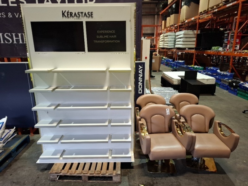 5 X MIXED LOT CONTAINING 4 SALON CHAIRS AND 1 HEAVY-DUTY ADVERTINING STAND (NOTE POOR CONDITION )