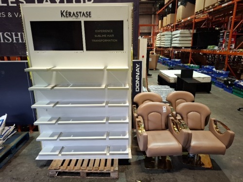 5 X MIXED LOT CONTAINING 4 SALON CHAIRS AND 1 HEAVY-DUTY ADVERTINING STAND (NOTE POOR CONDITION )