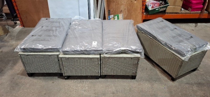 4 X BRAND NEW RATTAN BENCHES WITH CUSHIONS IN GREY IN SIZE L 80 X W 45 X H 37 CM