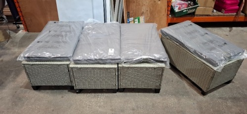 4 X BRAND NEW RATTAN BENCHES WITH CUSHIONS IN GREY IN SIZE L 80 X W 45 X H 37 CM