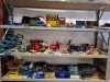 LARGE AMOUNT OF SPARE AND REPAIRS PARTS AND TOOLS LOT CONTAINING PORTABLE CAR JUMP STARTER , VARIOUS ELECTRICAL COMPONENTS , AIRMAN AIRGUN , VARIOUS SPRAY PAINT , SEALEY 48W SOLDERING STATION HAMMERS , NUTS AND BOLTS ETC OVER THREE SHELVES - 2