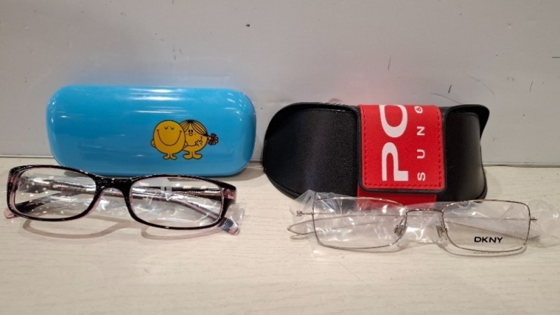200 X BRAND NEW DKNY GLASSES AND MIXED CASES LOT CONTAINING, DKNY GLASSES IN BLACK AND PINK, DKNY OVAL GLASSES IN BLACK, MR MEN LITTLE MISS CASE IN BLUE, POLAR SUNGLASSES CASE IN BLACK AND RED, ETC, IN 3 TRAYS (TRAYS NOT INCLUDED)
