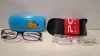 200 X BRAND NEW DKNY GLASSES AND MIXED CASES LOT CONTAINING, DKNY GLASSES IN BLACK AND PINK, DKNY OVAL GLASSES IN BLACK, MR MEN LITTLE MISS CASE IN BLUE, POLAR SUNGLASSES CASE IN BLACK AND RED, ETC, IN 3 TRAYS (TRAYS NOT INCLUDED)