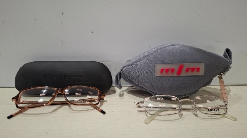 200 X BRAND NEW MIXED GLASSES AND CASES LOT CONTAINING, DKNY GLASSES IN ROSE GOLD, JLO BY JENNIFER LOPEZ GLASSES IN BURGUNDY MARBLE, DONNA KARAN NEW YORK CASE IN BLACK, M / M TOUCH ZIPPED CASE IN GREY AND RED, ETC, IN 3 TRAYS (TRAYS NOT INCLUDED)