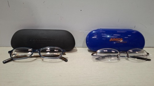 200 X BRAND NEW MIXED GLASSES AND CASE LOT CONTAINING, DKNY GLASSES IN BLUE, ESCADA GLASSES IN ROSE GOLD, JUNIOR COLLECTION IN BLUE, DONNA KARAN NEW YORK IN BLACK, ETC, IN 3 TRAYS (TRAYS NOT INCLUDED)