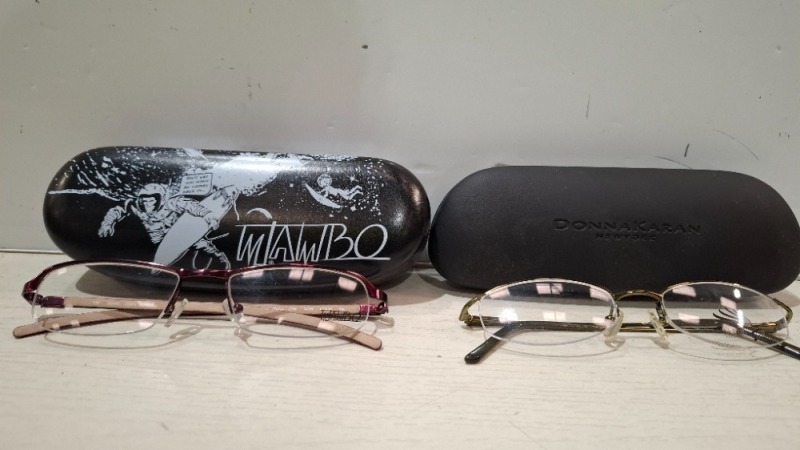 200 X BRAND NEW MIXED GLASSES AND CASE LOT CONTAINING, DKNY GLASSES IN SHINY GUNMETAL, DKNY GLASSES IN BLACK, MAMBO CASE IN BLACK AND WHITE, DONNA KARAN NEW YORK CASE IN BLACK, ETC, IN 3 TRAYS (TRAYS NOT INCLUDED)