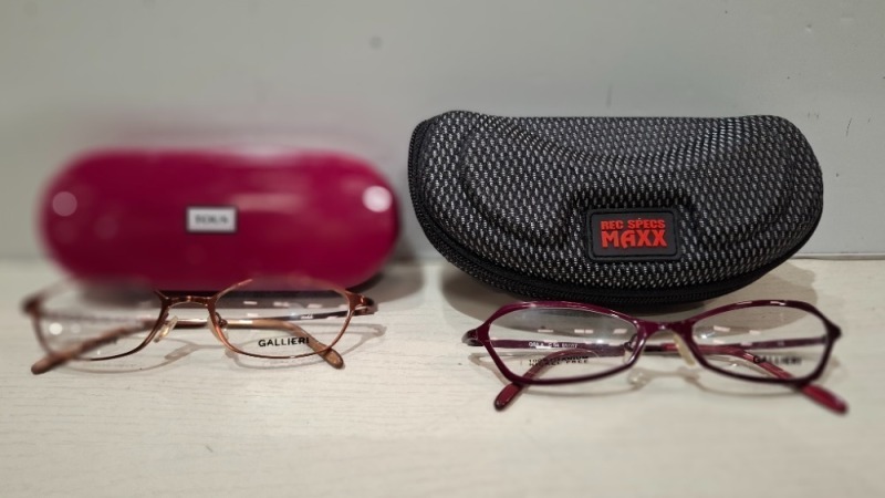 200 X BRAND NEW MIXED GLASSES AND CASES LOT CONTAINING, GALLIERI GLASSES IN BRONZE, GALLIERI GLASSES IN PURPLE AND BLUE, BIG SPECS MAXX CASE IN BLACK AND GREY, TOUS CASE IN PURPLE, ETC, IN 3 TRAYS (TRAYS NOT INCLUDED)
