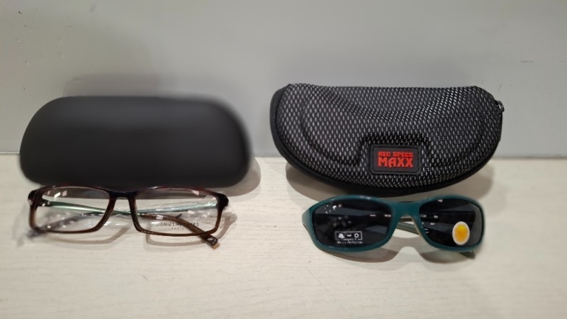 200 X BRAND NEW MIXED KIDS GLASSES AND CASES LOT CONTAINING, DANIEL HECHTER GLASSES IN BROWN, CHUPA CHUPS SUNGLASSES IN TEAL, DONNA KARAN NEW YORK CASE IN BLACK, REC SPECS MAXX IN GREY AND BLACK