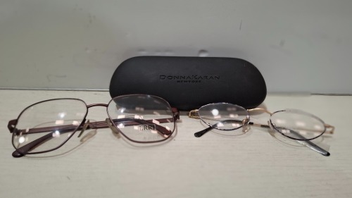 100 X BRAND NEW MIXED KIDS GLASSES AND CASES LOT CONTAINING, N S GLASSES IN BLUE AND BLACK, UNBRANDED OVAL GLASSES IN BLACK AND GOLD, DONNA KARAN NEW YORK CASE IN BLACK, ETC, IN 2 TRAYS (TRAYS NOT INCLUDED)