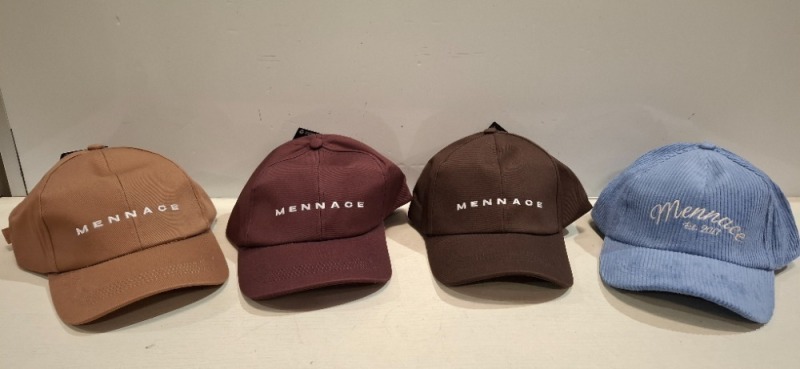 60 X BRAND NEW MENNACE BASEBALL HATS LOT CONTAINING, HATS IN BLUE, BROWN AND BURGUNDY, IN 2 TRAYS (TRAYS NOT INCLUDED)