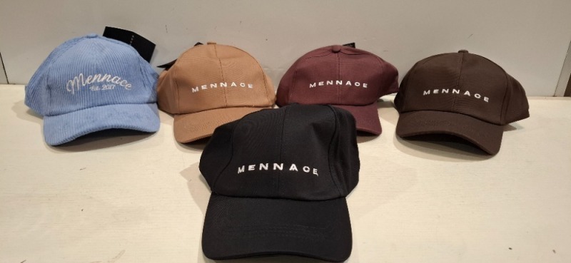 60 X BRAND NEW MENNACE BASEBALL HATS LOT CONTAINING, HATS IN BLUE, BLACK, BROWN AND BURGUNDY, IN 2 TRAYS (TRAYS NOT INCLUDED)