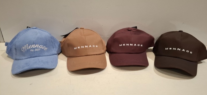 60 X BRAND NEW MENNACE BASEBALL HATS LOT CONTAINING, HATS IN BLUE, BROWN AND BURGUNDY, IN 2 TRAYS (TRAYS NOT INCLUDED)