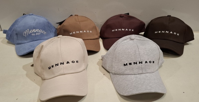 60 X BRAND NEW MENNACE BASEBALL HATS LOT CONTAINING, HATS IN BLUE, GREY, CREAM, BROWN AND BURGUNDY, IN 2 TRAYS (TRAYS NOT INCLUDED)