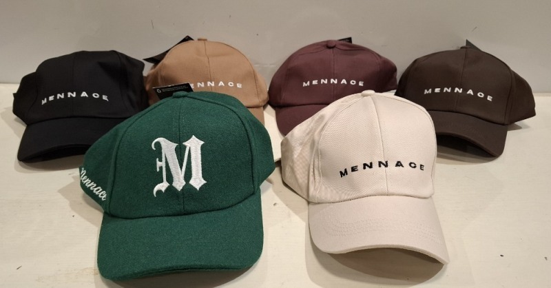 60 X BRAND NEW MENNACE BASEBALL HATS LOT CONTAINING, HATS IN CREAM, GREEN, BLACK, BROWN AND BURGUNDY, IN 2 TRAYS (TRAYS NOT INCLUDED)