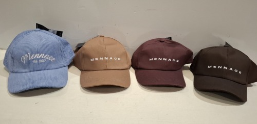 60 X BRAND NEW MENNACE BASEBALL HATS LOT CONTAINING, HATS IN BLUE, BROWN AND BURGUNDY, IN 2 TRAYS (TRAYS NOT INCLUDED)