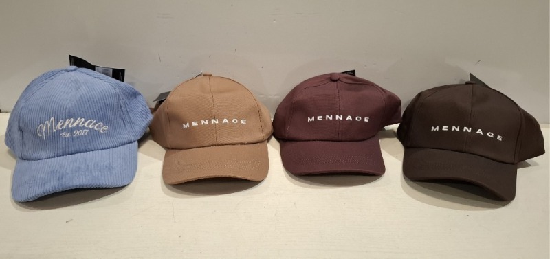 30 X BRAND NEW MENNACE BASEBALL HATS LOT CONTAINING, HATS IN CREAM, BROWN AND BURGUNDY, IN 1 TRAYS (TRAY NOT INCLUDED)