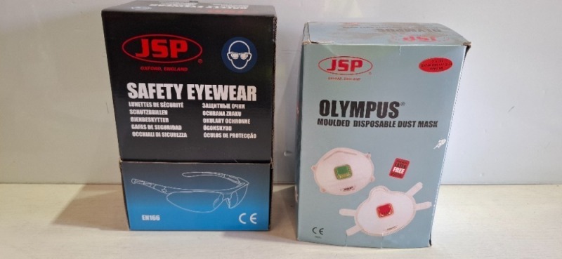 22 X BRAND NEW BOXES OF 10 JSP SAFETY EYEWEAR GLASSES AND 1X JSP OLYMPUS DUST MASKS