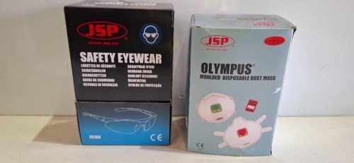 22 X BRAND NEW BOXES OF 10 JSP SAFETY EYEWEAR GLASSES AND 1X JSP OLYMPUS DUST MASKS