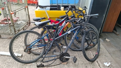 5 X MIXED BIKE LOT TO INCLUDE RALEIGH BIKE MISSING BACK WHEELS - 2X MUDDYFOX MOUNTAIN BIKE - SABRE BIKE -