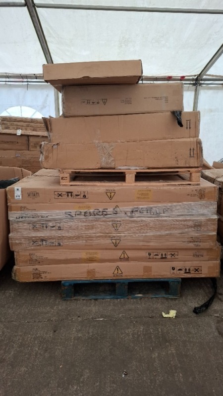 FULL PALLET OF MIXED FLATPACK FURNITURE LOT TO INCLUDE HL-DEVON LARGE SIDEBOARD IN OAK EFFECT , LANCASTER CONVY UNIT IN GREY HLEDEN LARGE SIDEBOARD IN CREAM , HL HIGH DRAW TALL CHEST IN GREY ETC ON A FULL PALLET ( PLEASE NOTE - SOME ITEMS MAY BE MISSING P